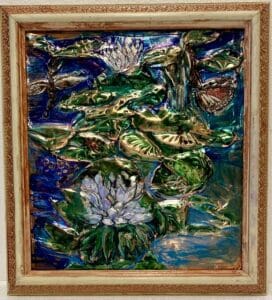 Danna Wolke Bowersox Community Living in the Lily Pond Copper Repousse and alcohol Inks 12x12 375