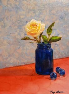 Fay Akers Rose in Blue Vase Acrylic 5x7x.75 150