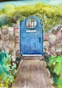 Judi Mindell Cranbrook Garden Blue Door Watercolor 10x8 125