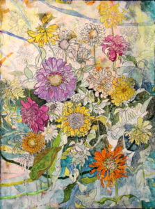 LoriZurvalec Zinnias from a Farm Stand Acrylic paint pen 36x28